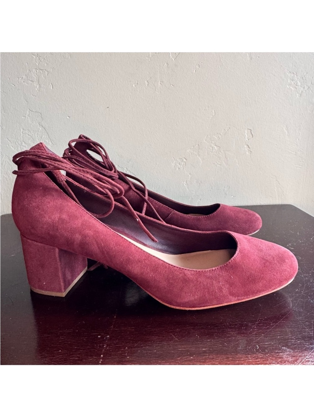 Loeffler Randall Clara Suede Ankle Wrap Burgundy Heels Pumps Block Heel